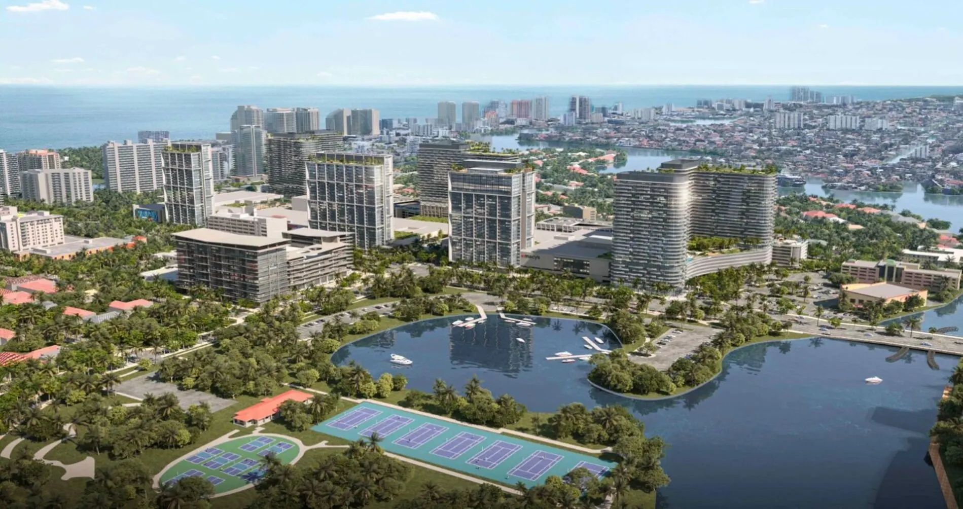 Aerial rendering of the proposed Fort Lauderdale Galleria Mall redevelopment showing modern high-rise towers, residential buildings, retail spaces, and waterfront views.